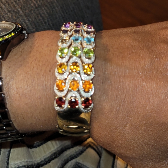 Glamorous Sterling Silver Multi Color Sapphire Gemstone Hinged Cuff Bracelet - Picture 2 of 8